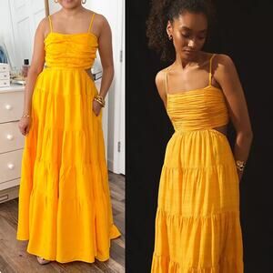 NWT Anthropologie Let Me Be Orange Yellow Cutout Tiered Midi Dress XS Petite